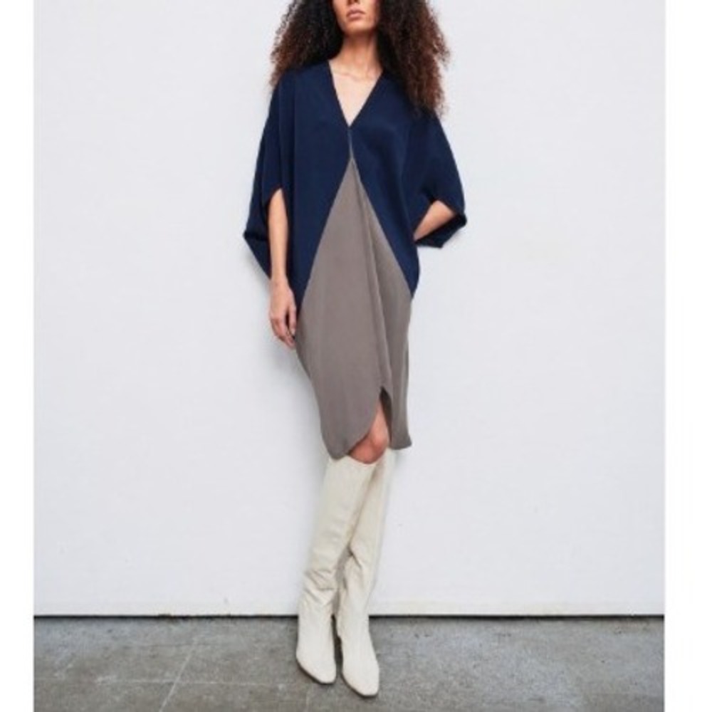 Zero+ Maria Cornejo Koya Silk Colorblock Navy/Grey Cocoon Dress | Size 8 | $1350
